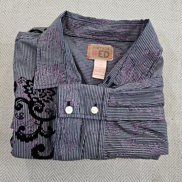 Vintage Red Floral Long Sleeve Button Up Shirt Men's 2XL Black Purple Stripe EUC - Picture 12 of 12